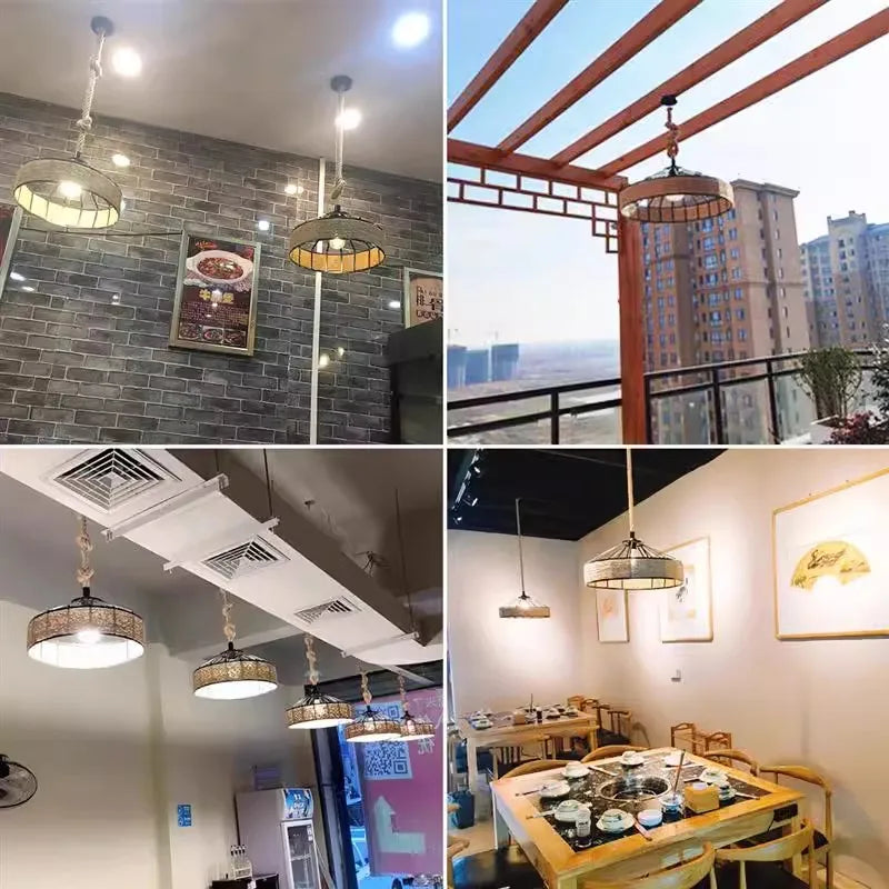 Vintage Hemp Rope Pendant Light Retro Industrial Dining Lamp