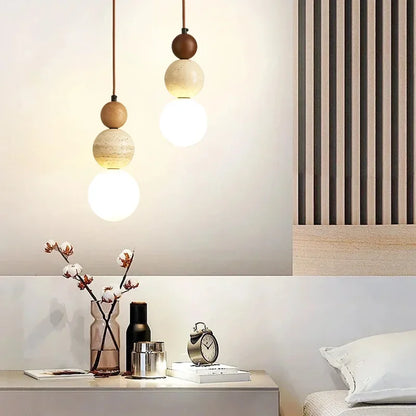 Cream Style Pendant Lamp Stone Wood Bedroom Hanging Light