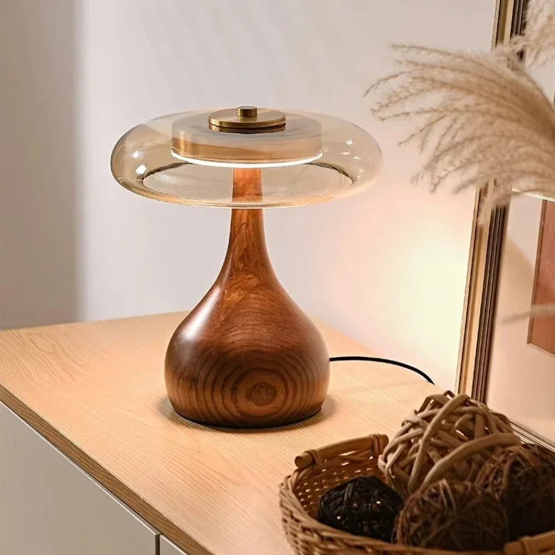 Retro Wooden Table Lamp – French Vintage Glass Bedside Light