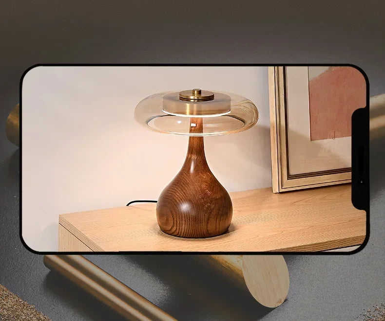 Retro Wooden Table Lamp – French Vintage Glass Bedside Light