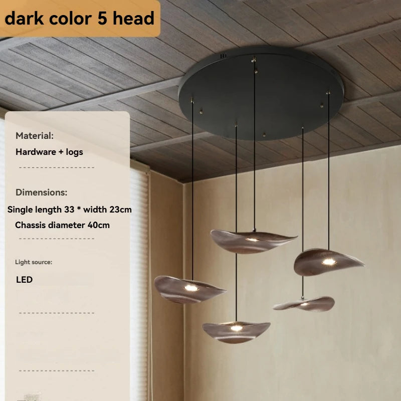 Solid Wood Walnut Leaf Chandelier Wabi Sabi Living Room Ceiling Light