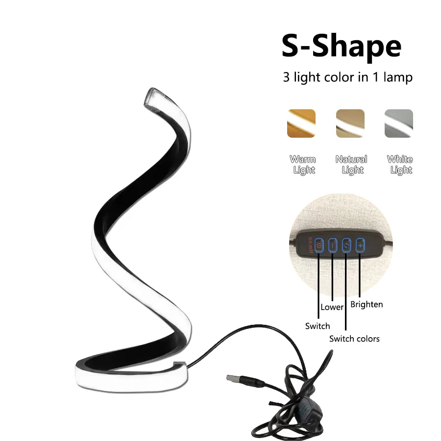 Spiral LED Table Lamp – 3 Color Dimming, USB Powered, Modern Bedroom Light