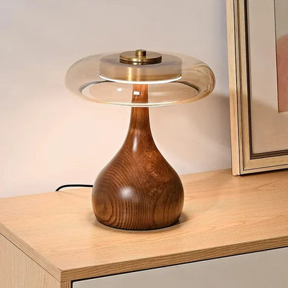 Retro Wooden Table Lamp – French Vintage Glass Bedside Light
