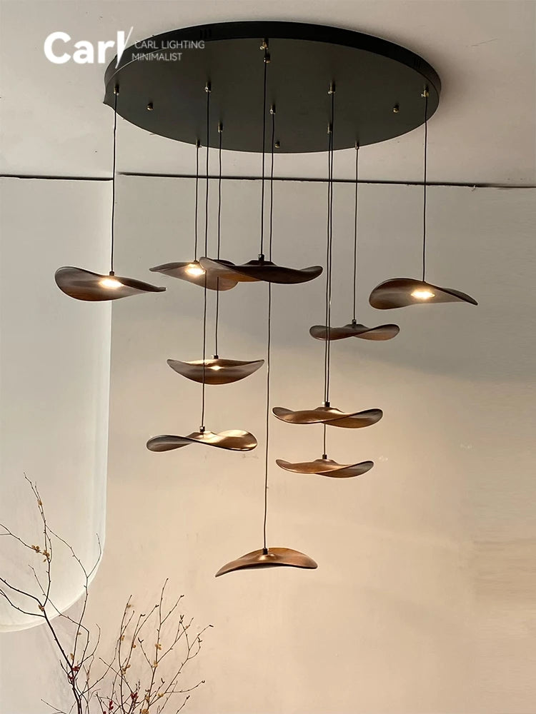 Solid Wood Walnut Leaf Chandelier Wabi Sabi Living Room Ceiling Light