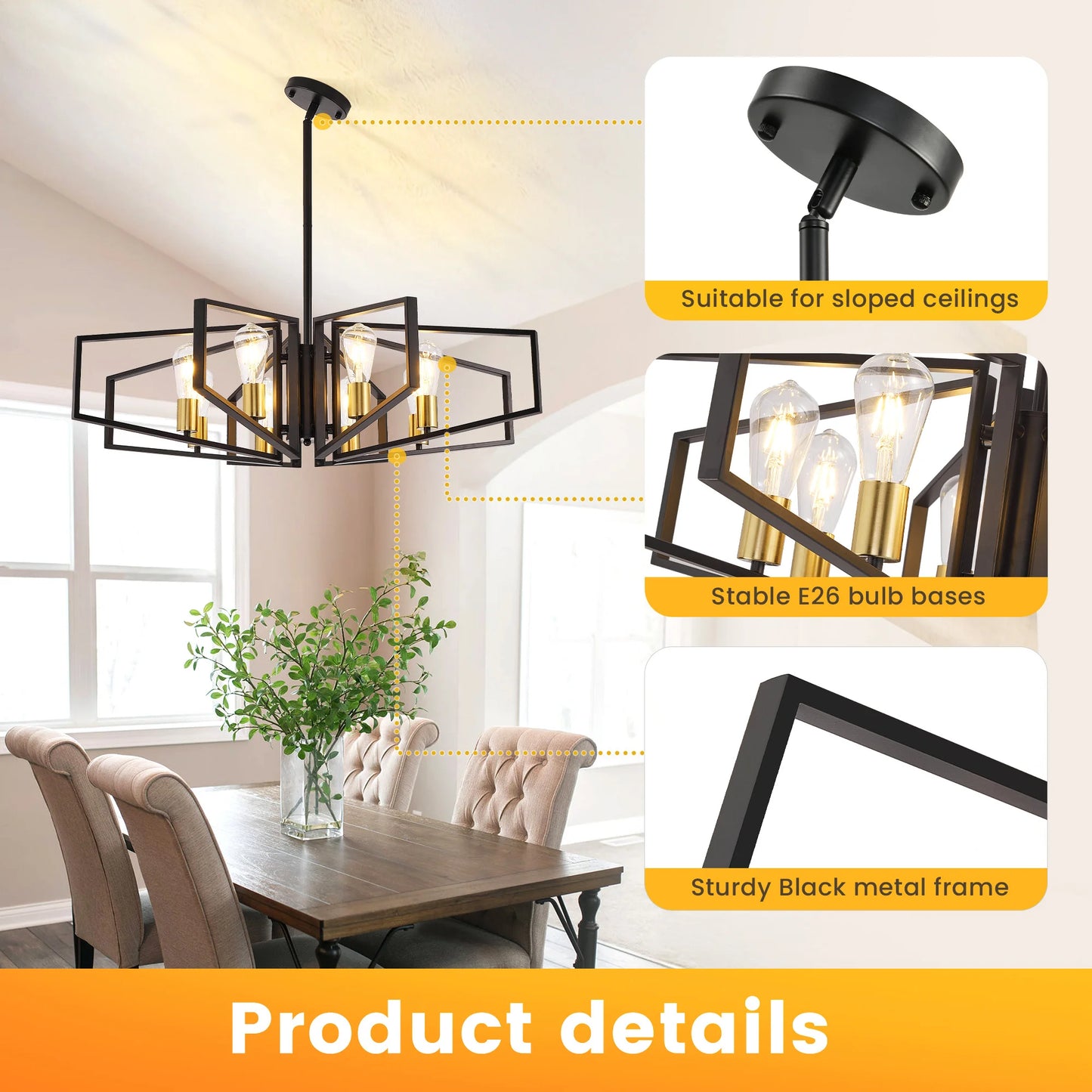 Modern Geometric Chandelier 8 Light Black Gold Ceiling Lamp