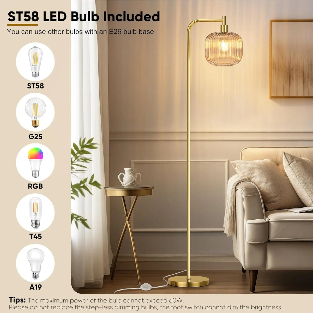 Modern Ribbed Glass Floor Lamp with Gold Finish