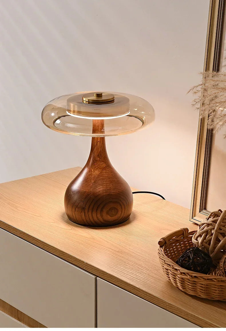 Retro Wooden Table Lamp – French Vintage Glass Bedside Light