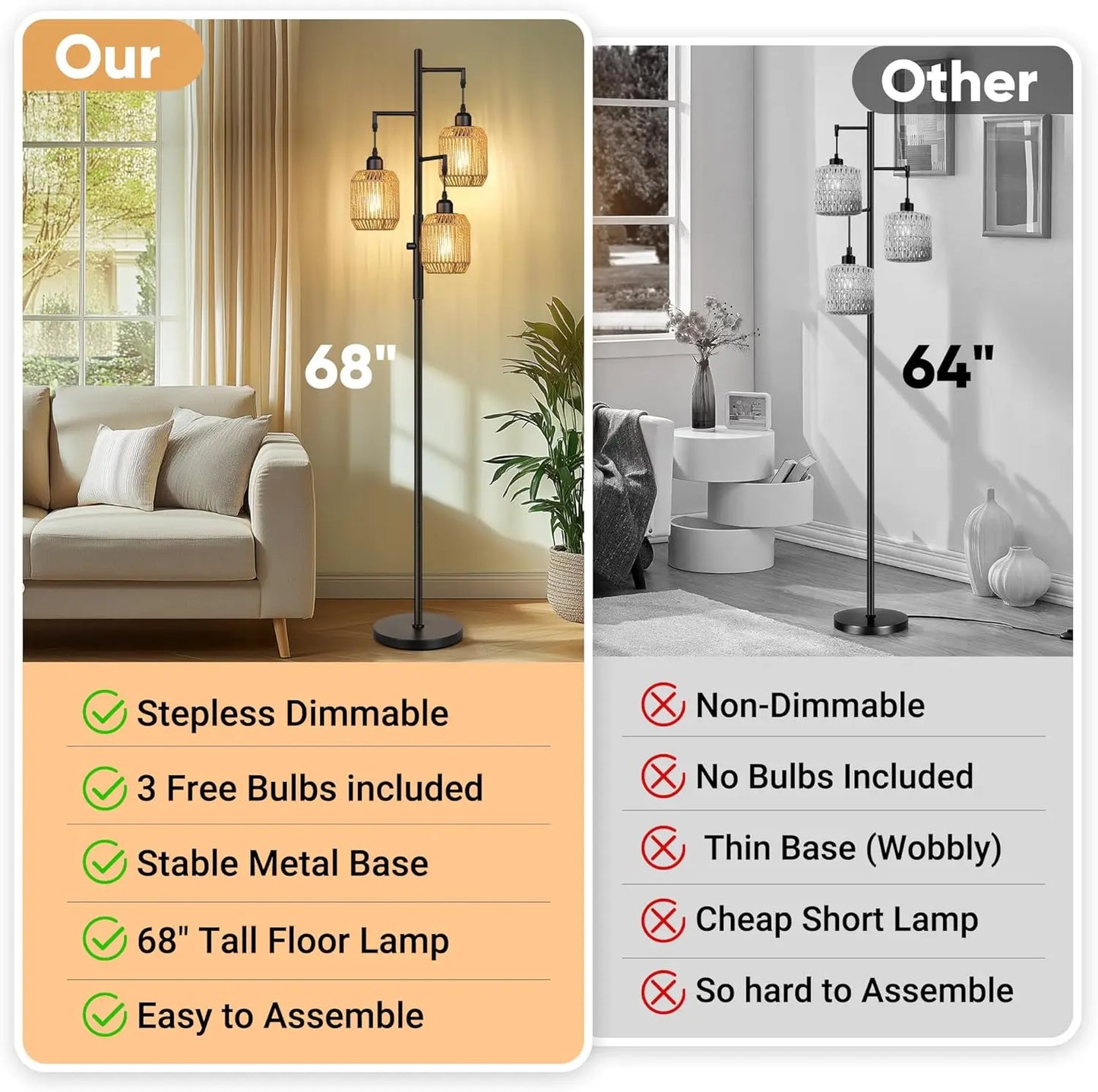 Dimmable Farmhouse Rattan Floor Lamp for Cozy Interiors