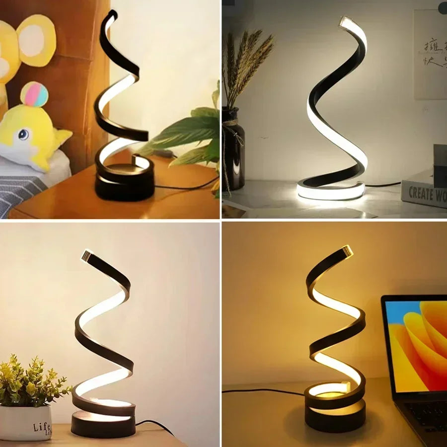 Spiral LED Table Lamp – 3 Color Dimming, USB Powered, Modern Bedroom Light